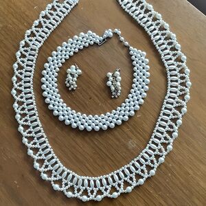 Elegant Faux Pearl Necklace, Earing and Belt Set